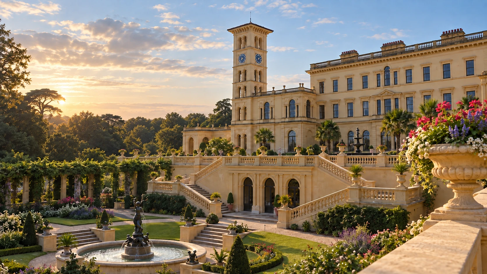 Osborne House, josta avautuu näkymä sen muotopuutarhoihin ja ympäröivään metsään Isle of Wightilla